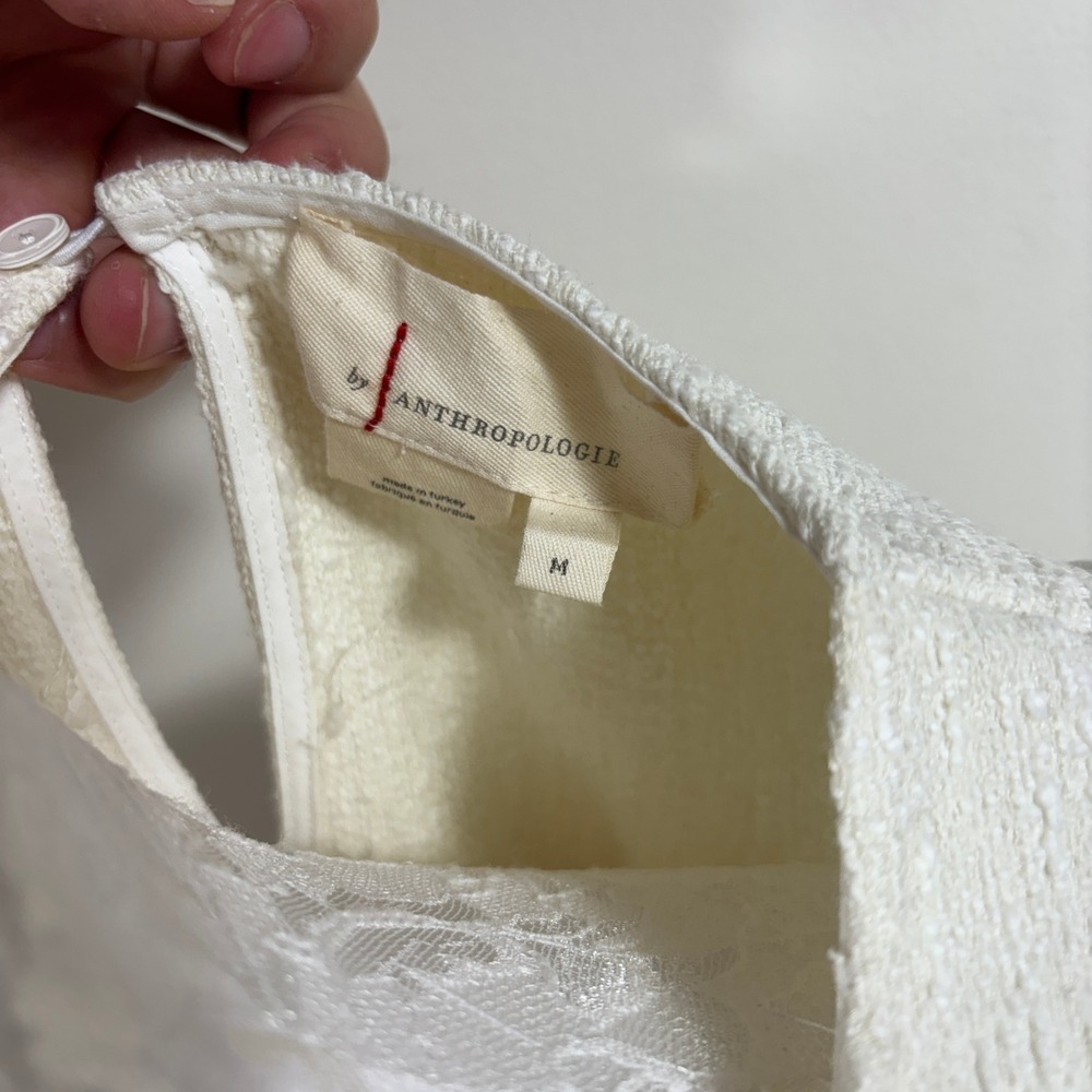 Anthropologie Cream White Boucle Knit Poplin Puff Sleeve Top Blouse Women Medium - Picture 8 of 9